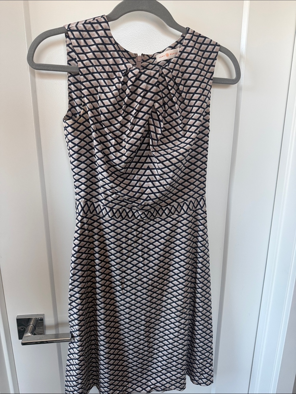 Tory Burch Sleeveless Geometric Dress in Navy and Cream